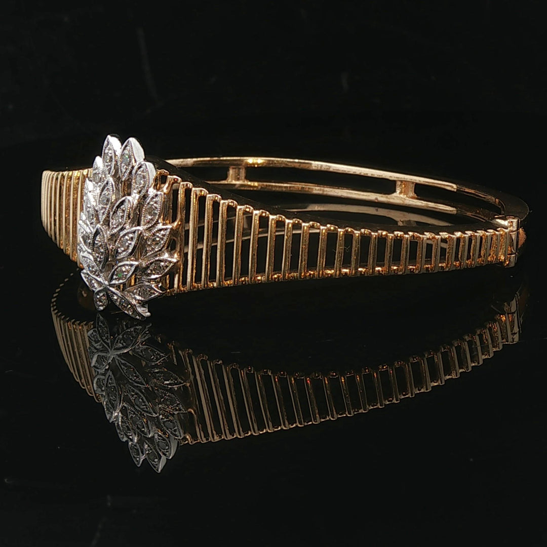 14k Yellow and White Gold Floral Diamond Motif Vintage Bangle Bracelet 6.5"