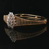 14k Yellow and White Gold Floral Diamond Motif Vintage Bangle Bracelet 6.5"
