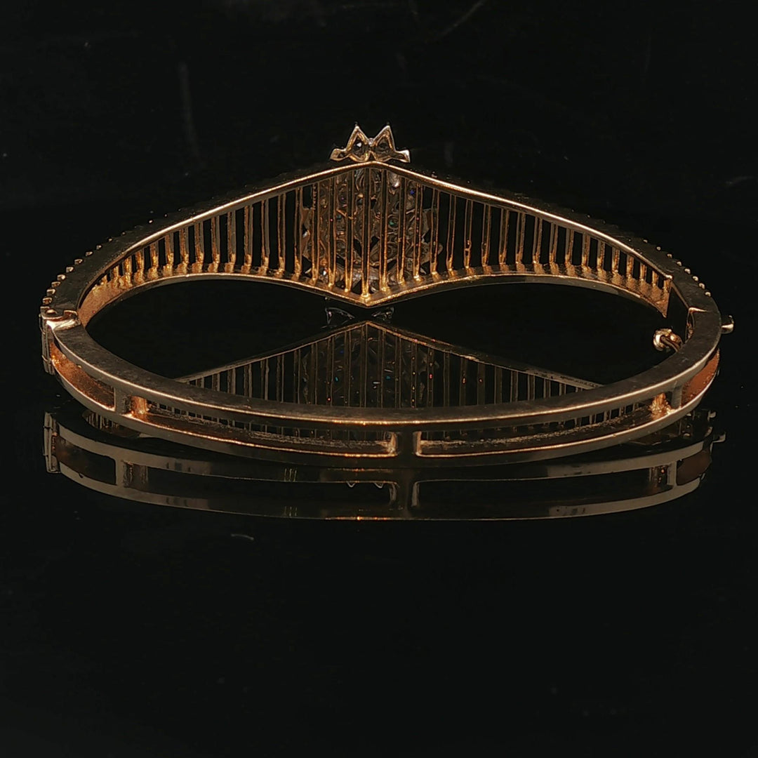 14k Yellow and White Gold Floral Diamond Motif Vintage Bangle Bracelet 6.5"