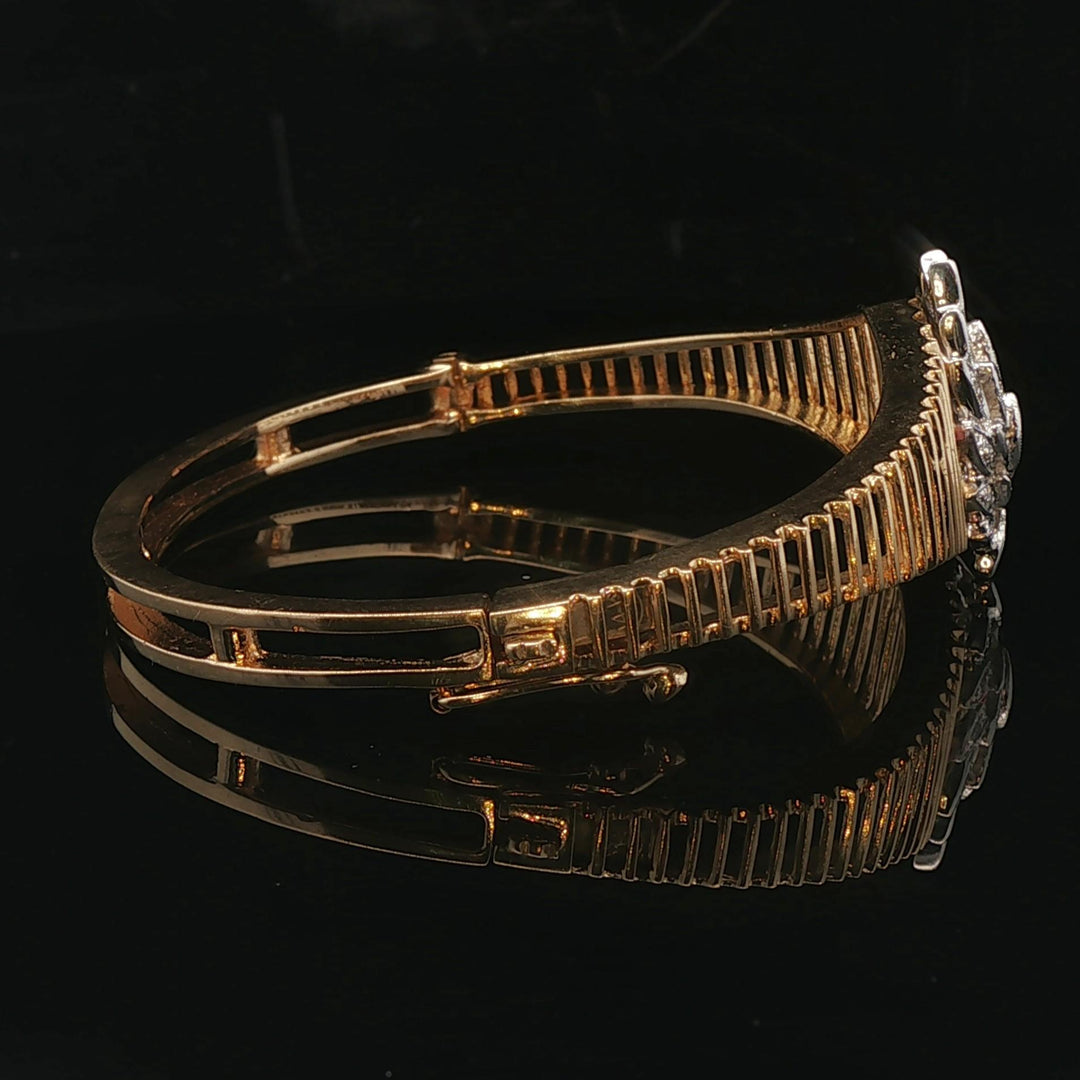 14k Yellow and White Gold Floral Diamond Motif Vintage Bangle Bracelet 6.5"