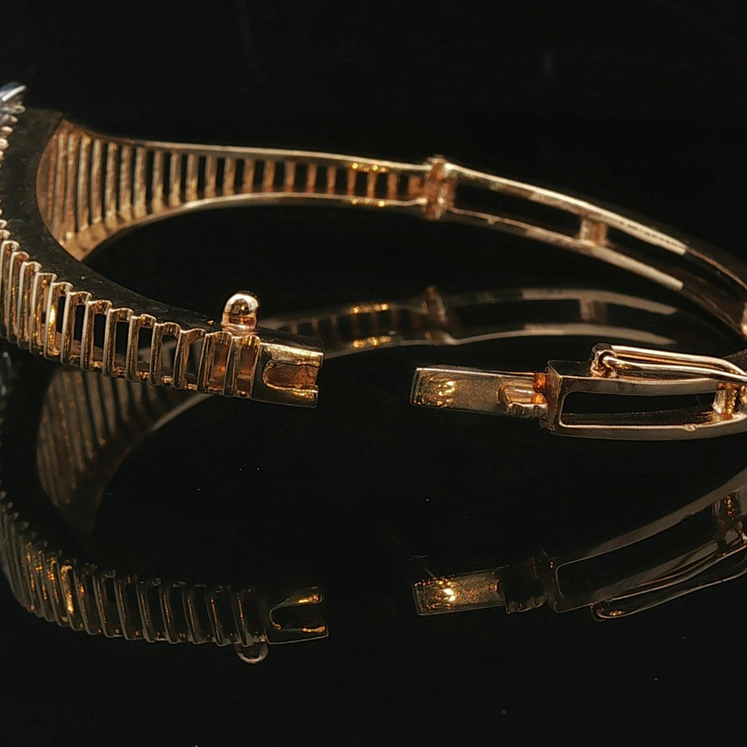 14k Yellow and White Gold Floral Diamond Motif Vintage Bangle Bracelet 6.5"