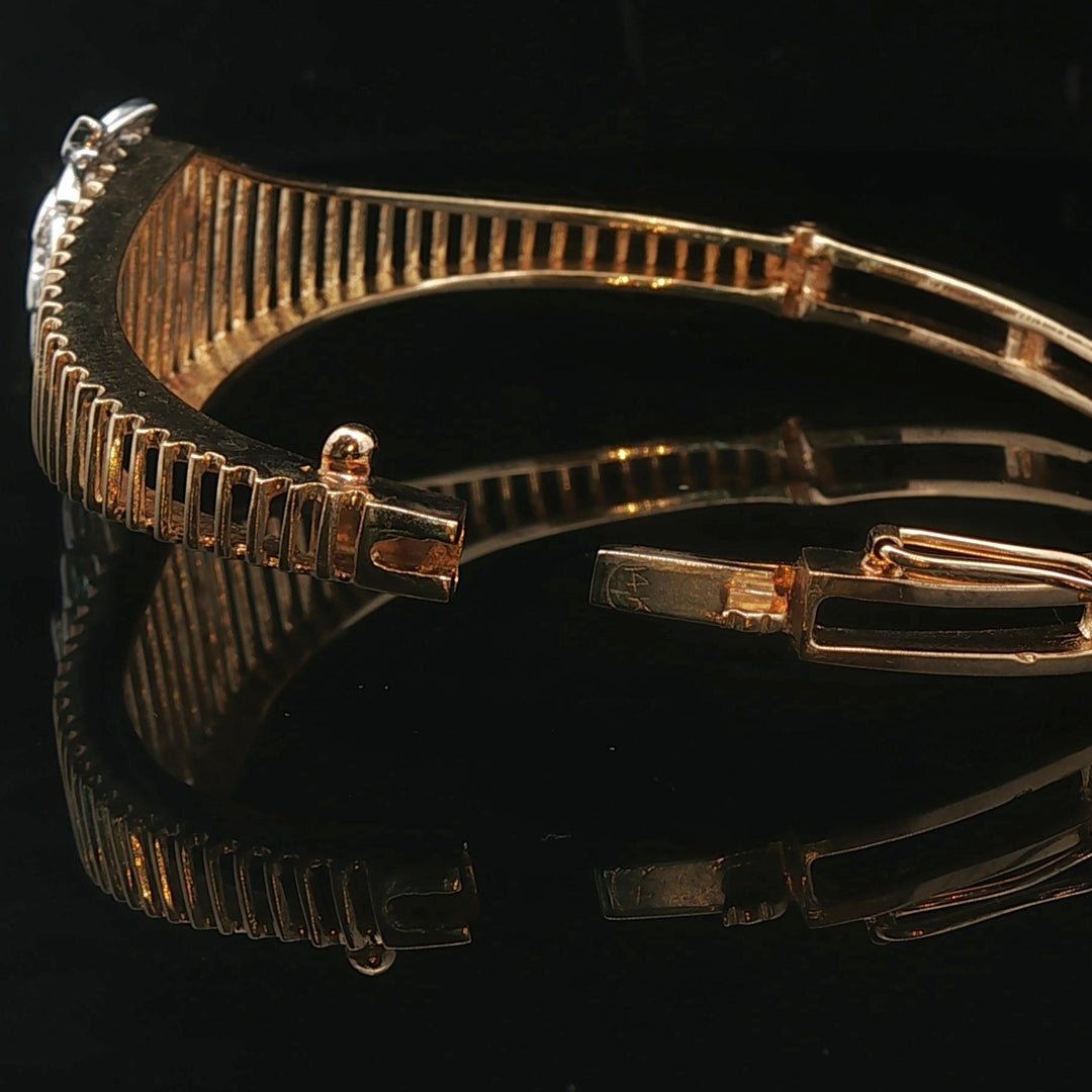 14k Yellow and White Gold Floral Diamond Motif Vintage Bangle Bracelet 6.5"