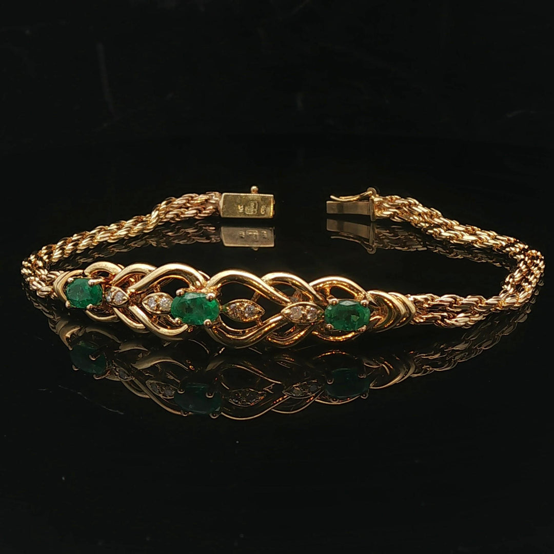 14k Yellow Gold Emerald and Diamond 11.8g Two Strand Rope Bracelet 7"