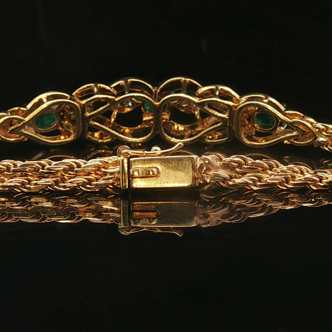 14k Yellow Gold Emerald and Diamond 11.8g Two Strand Rope Bracelet 7"