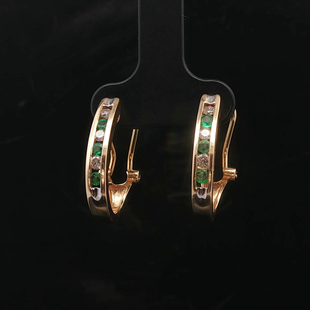14k Yellow Gold Emerald and Diamond Small Hoop Earrings