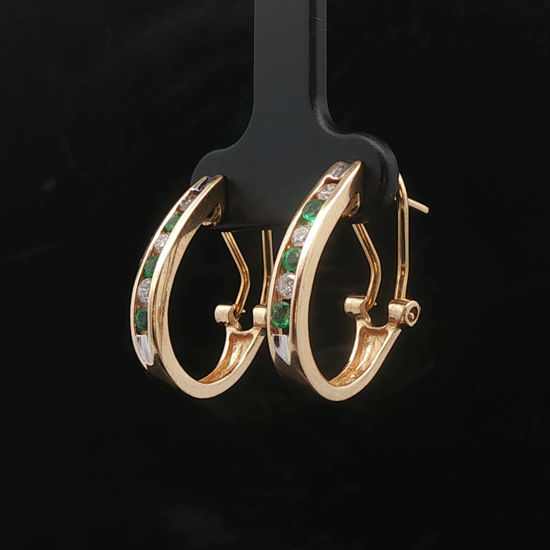 14k Yellow Gold Emerald and Diamond Small Hoop Earrings
