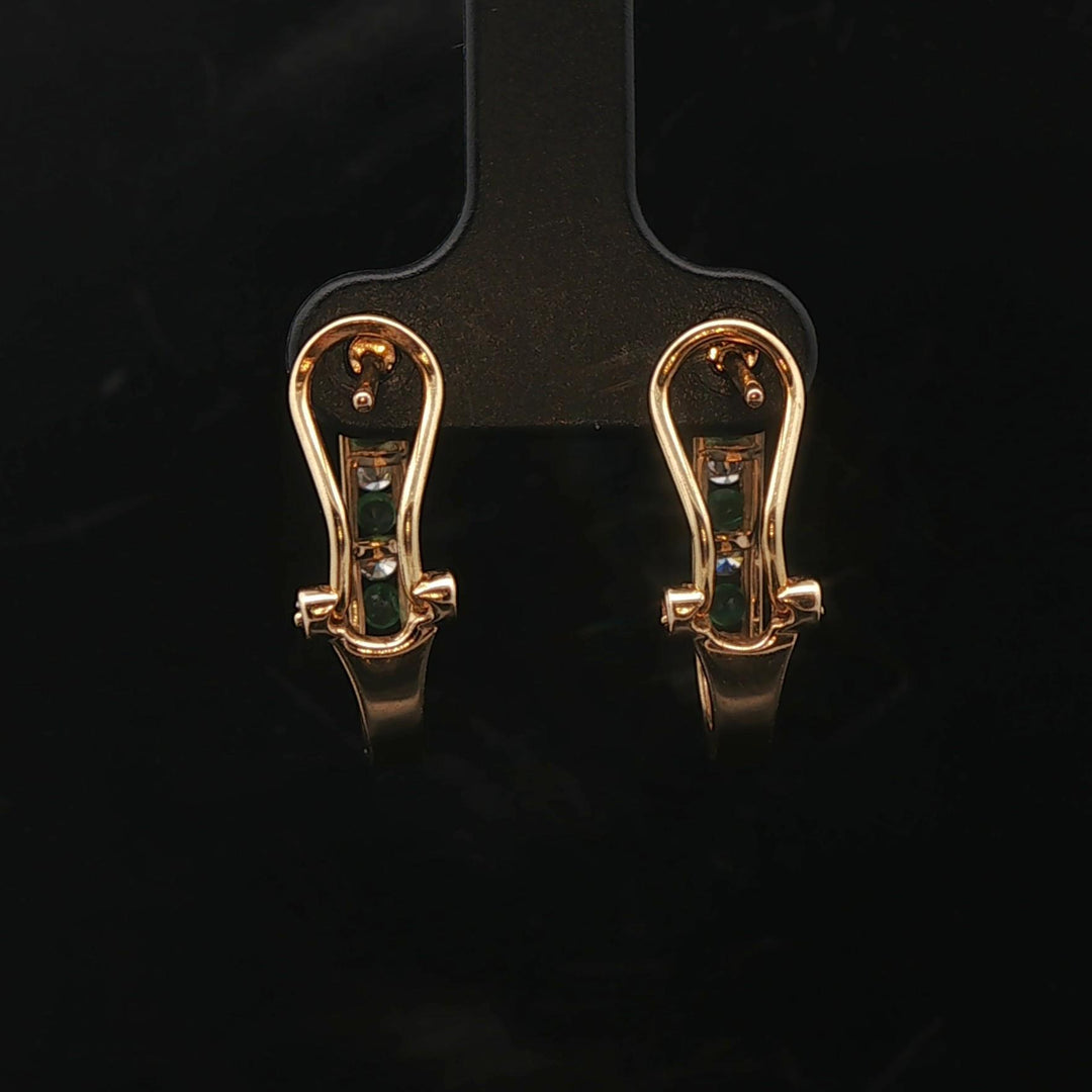 14k Yellow Gold Emerald and Diamond Small Hoop Earrings