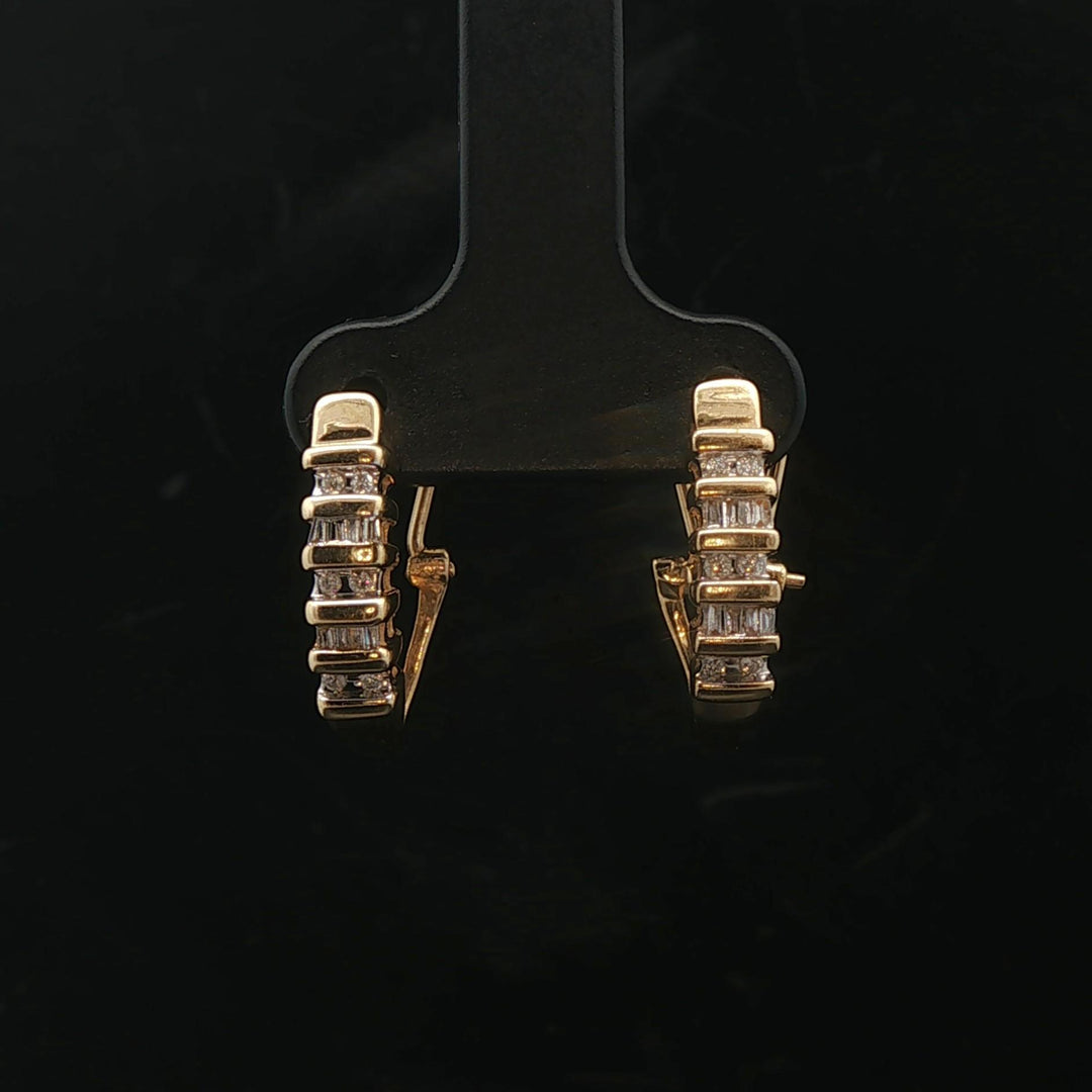 14k Yellow Gold and 0.25cttw Round and Baguette Diamond Huggie Earrings