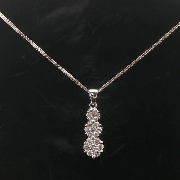 14k White Gold and 1cttw Diamond Cluster Three Pendant Necklace 16
