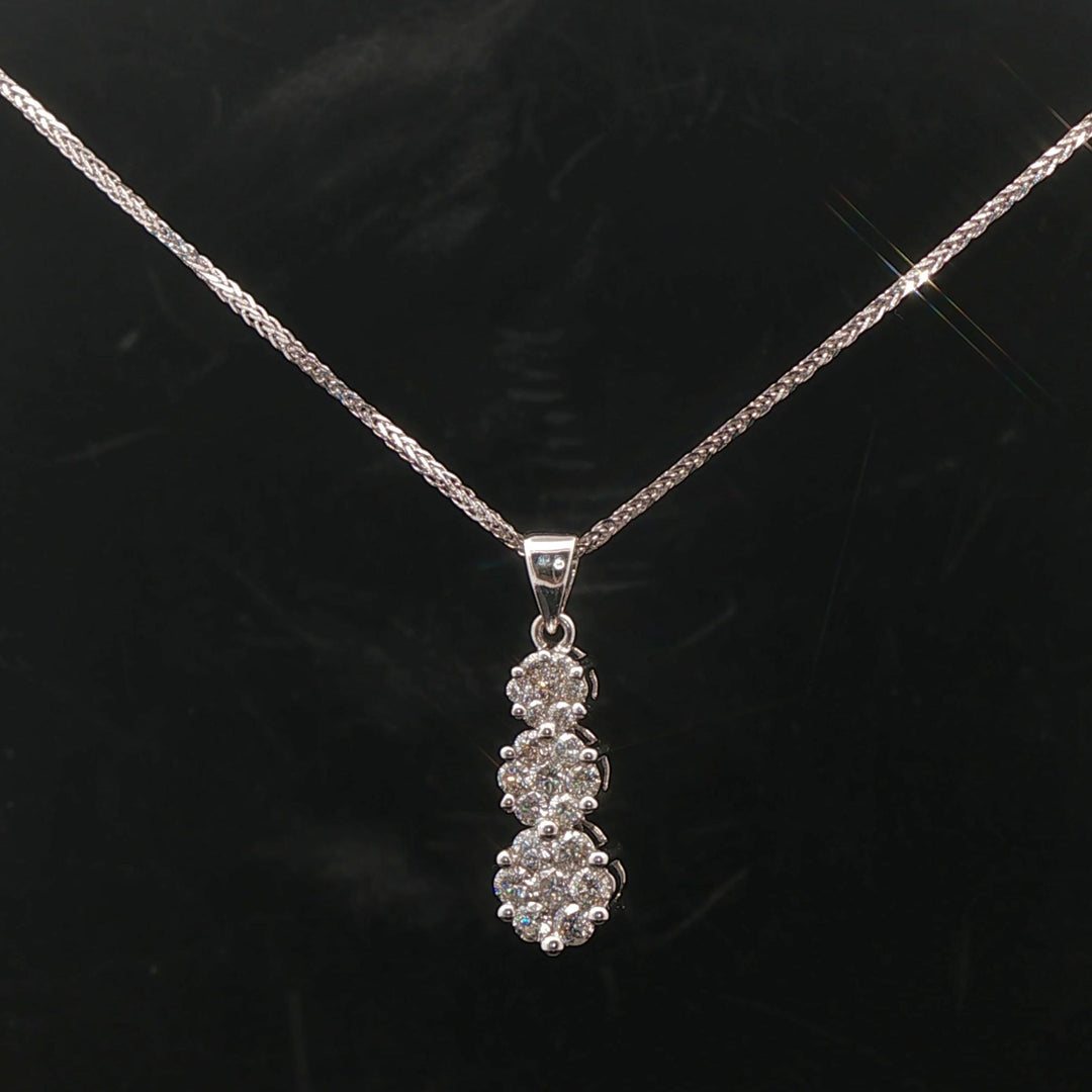 14k White Gold and 1cttw Diamond Cluster Three Pendant Necklace 16"