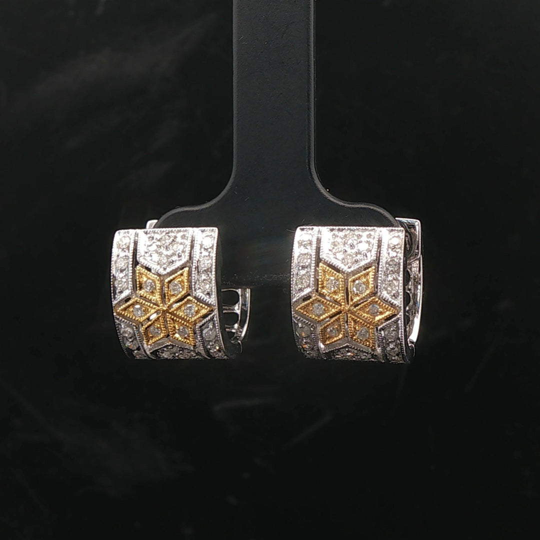 14k White and Yellow Gold Diamond Filigree Huggie Earrings