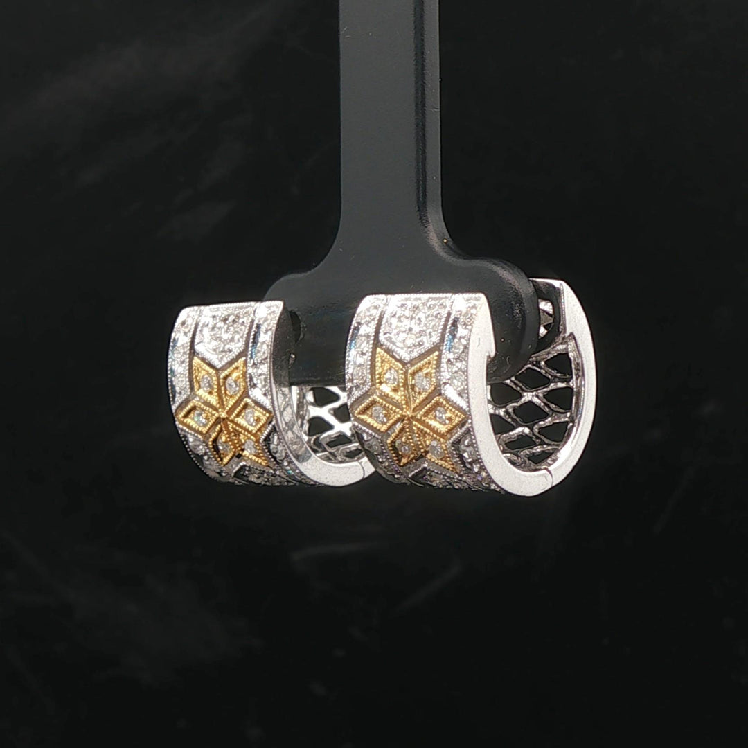 14k White and Yellow Gold Diamond Filigree Huggie Earrings