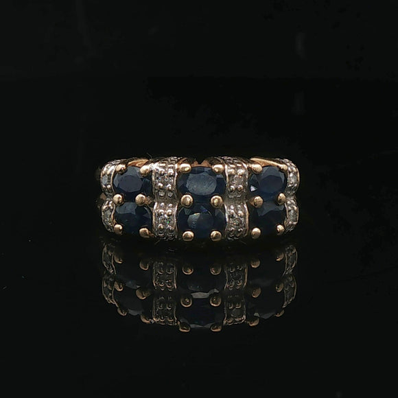 14k Yellow Gold Blue Sapphire and Diamond Vintage Band Ring Size 5.5