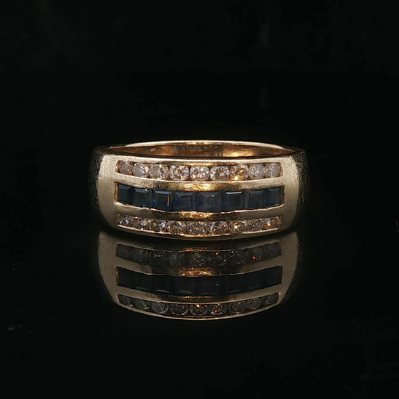 14k Yellow Gold Blue Sapphire and Diamond Vintage Band Ring Size 7