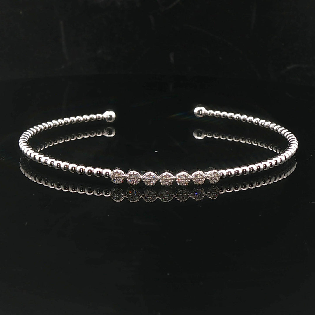 14k White Gold and Diamond Beaded Ball Flex Cuff Bracelet 6.75"