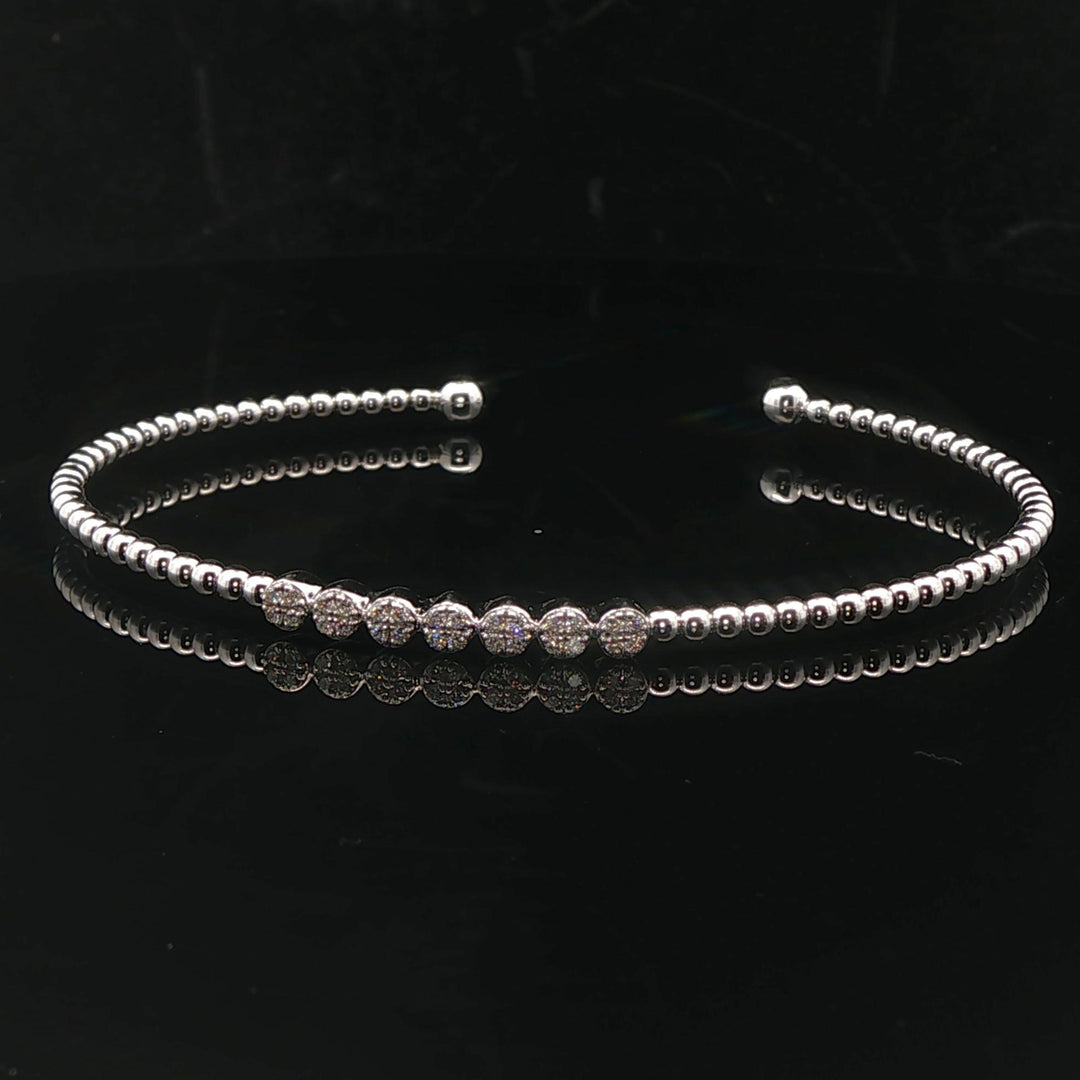 14k White Gold and Diamond Beaded Ball Flex Cuff Bracelet 6.75"