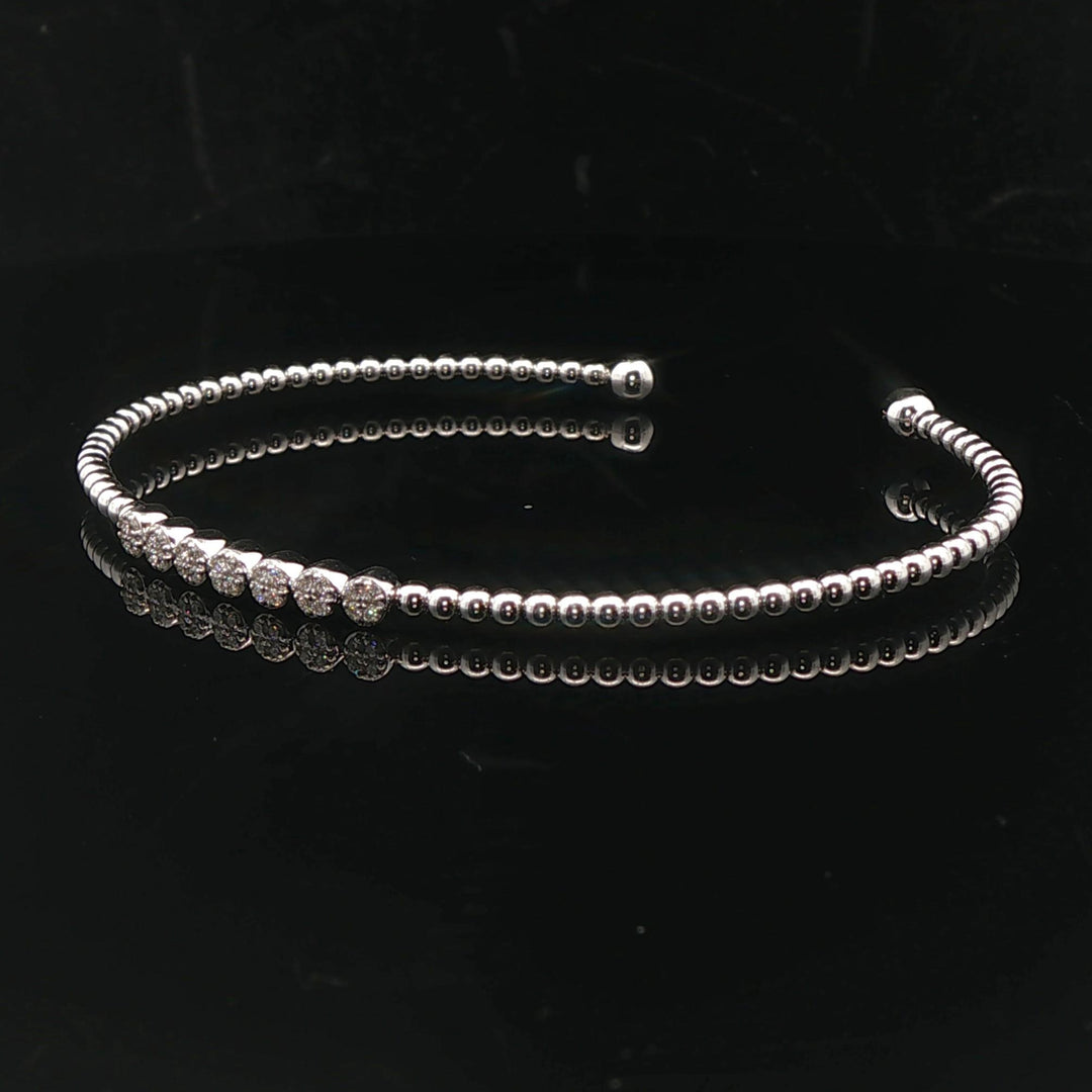14k White Gold and Diamond Beaded Ball Flex Cuff Bracelet 6.75"