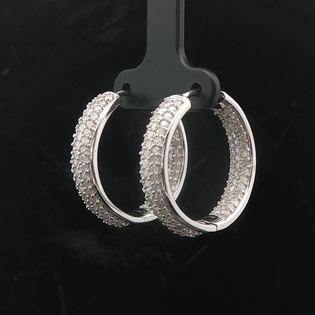 14k White Gold and 3cttw Diamond Inside Out Hoop Earrings 1"