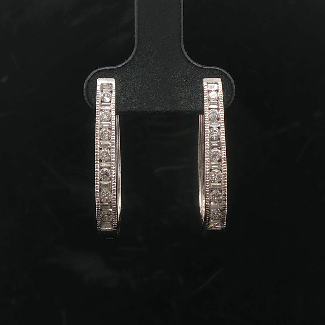 14k White Gold and 0.50cttw Diamond Vintage Milgrain Hoop Earrings 1"