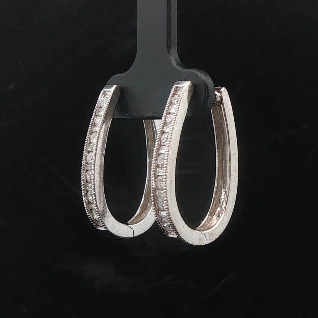 14k White Gold and 0.50cttw Diamond Vintage Milgrain Hoop Earrings 1"