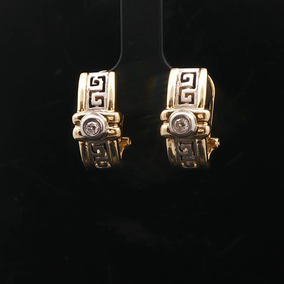 14k Yellow and White Gold Diamond Greek Key Huggie Earrings