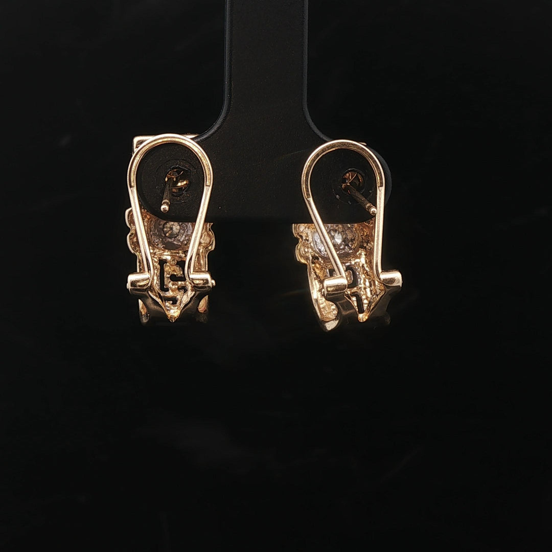 14k Yellow and White Gold Diamond Greek Key Huggie Earrings