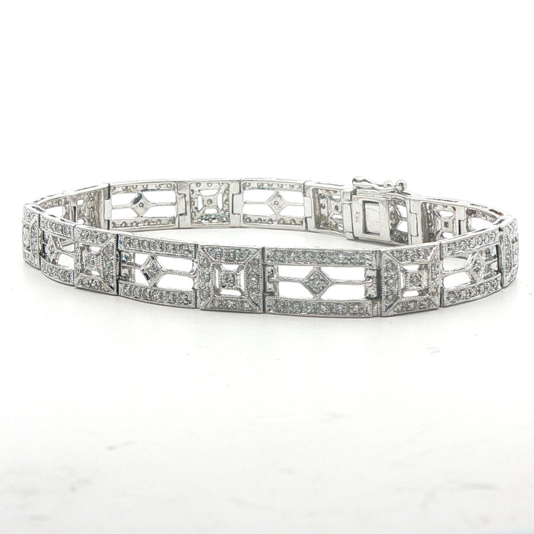 14k White Gold and 1.25cttw Diamond Vintage Filigree Link Bracelet 7"