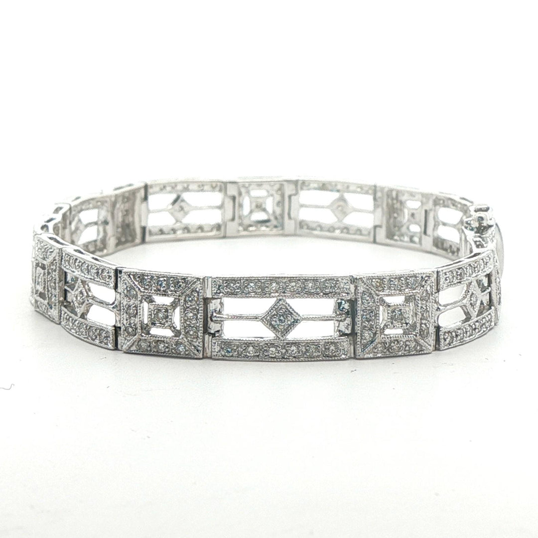 14k White Gold and 1.25cttw Diamond Vintage Filigree Link Bracelet 7"