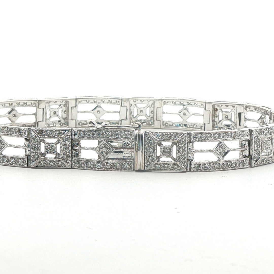 14k White Gold and 1.25cttw Diamond Vintage Filigree Link Bracelet 7"