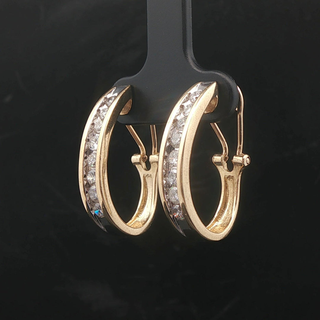 14k Yellow Gold and 1.5cttw Diamond Hoop Earrings 1"
