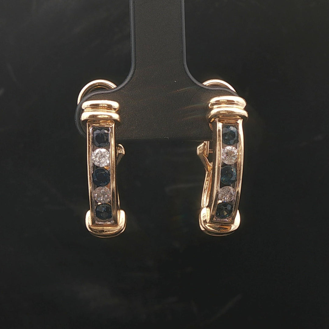 14k Yellow Gold Blue Sapphire and Diamond Hoop Earrings