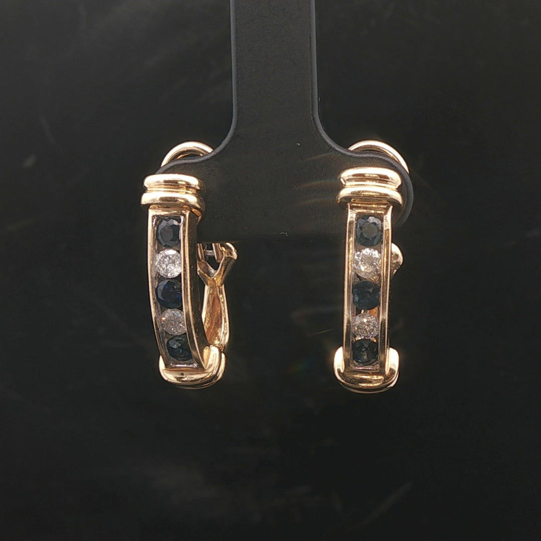 14k Yellow Gold Blue Sapphire and Diamond Hoop Earrings