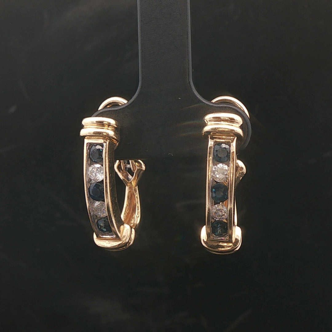 14k Yellow Gold Blue Sapphire and Diamond Hoop Earrings