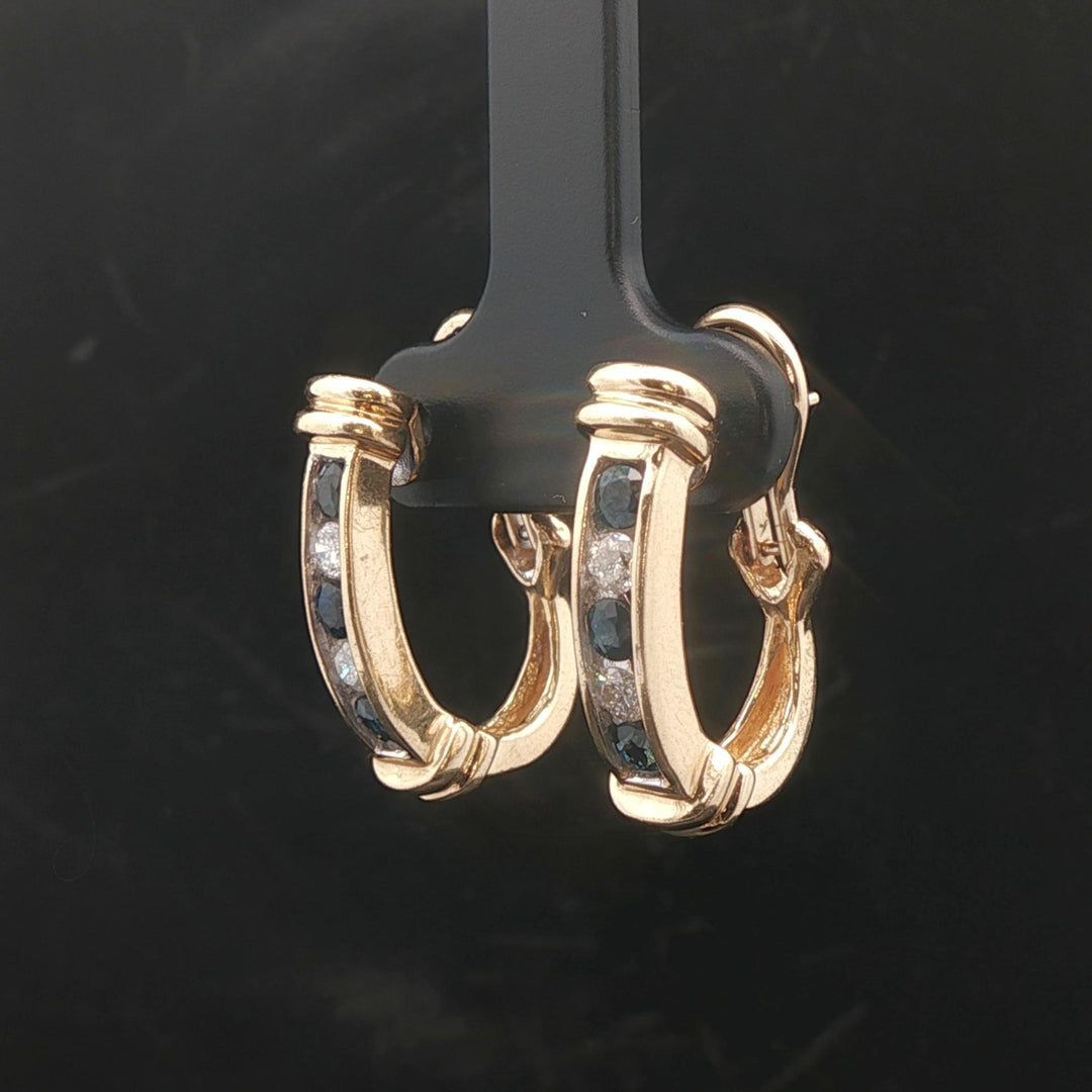 14k Yellow Gold Blue Sapphire and Diamond Hoop Earrings