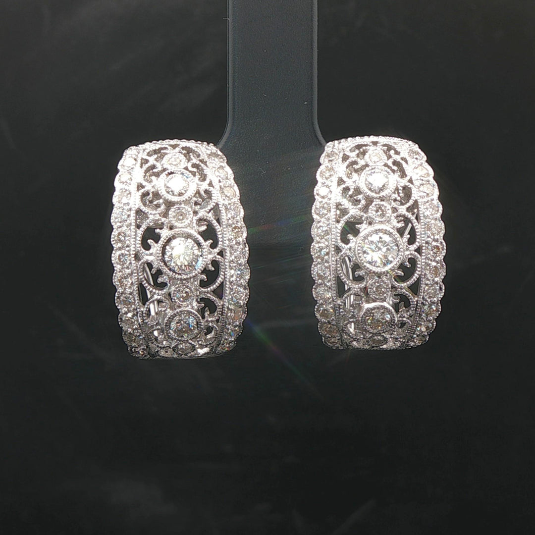 18k White Gold and 1cttw Diamond Intricate Filigree Hoop Huggie Earrings