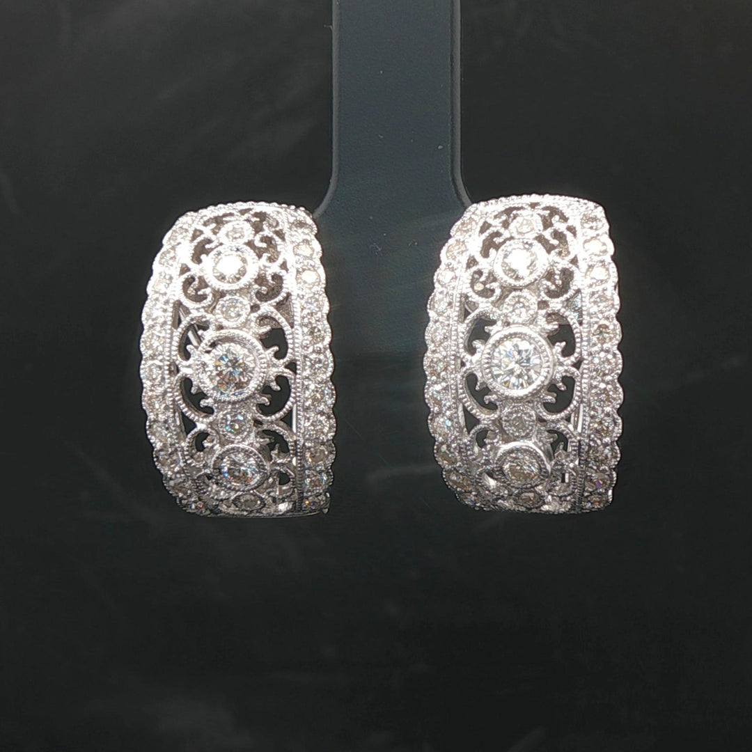 18k White Gold and 1cttw Diamond Intricate Filigree Hoop Huggie Earrings