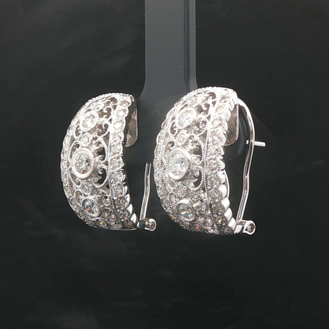 18k White Gold and 1cttw Diamond Intricate Filigree Hoop Huggie Earrings