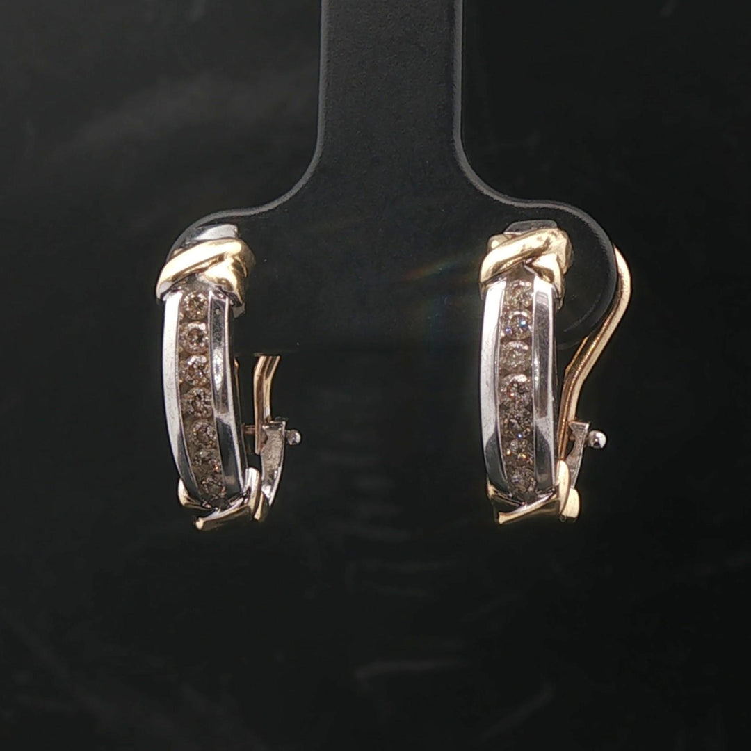 14k Yellow and White Gold Diamond Small Hoop Earrings