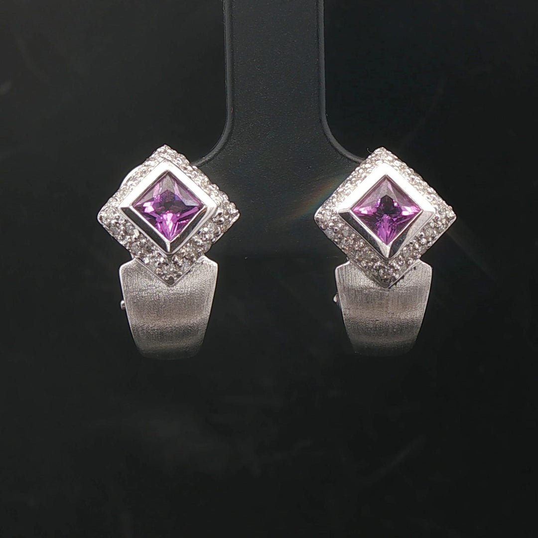 18k White Gold Amethyst and Diamond 6g Huggie Earrings