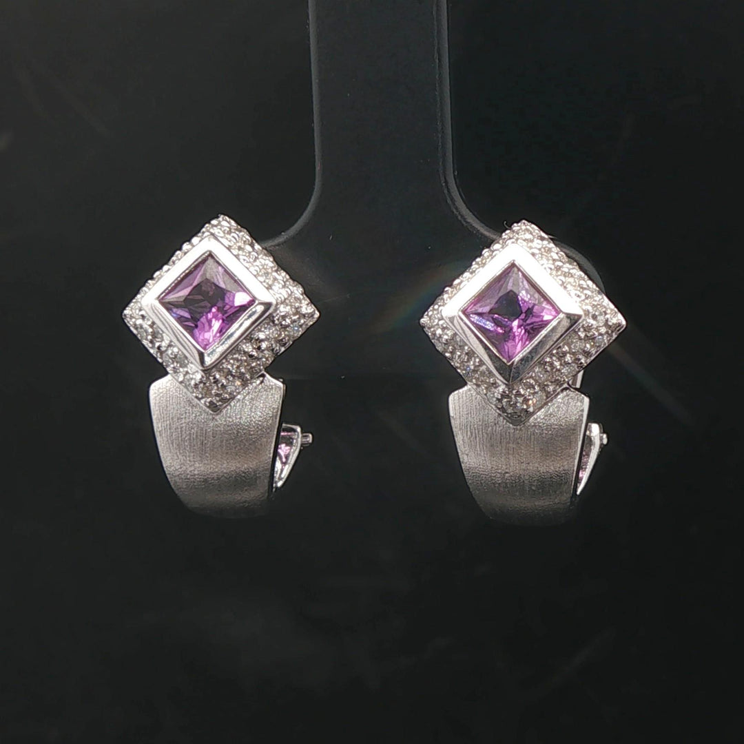 18k White Gold Amethyst and Diamond 6g Huggie Earrings