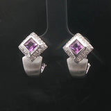 18k White Gold Amethyst and Diamond 6g Huggie Earrings