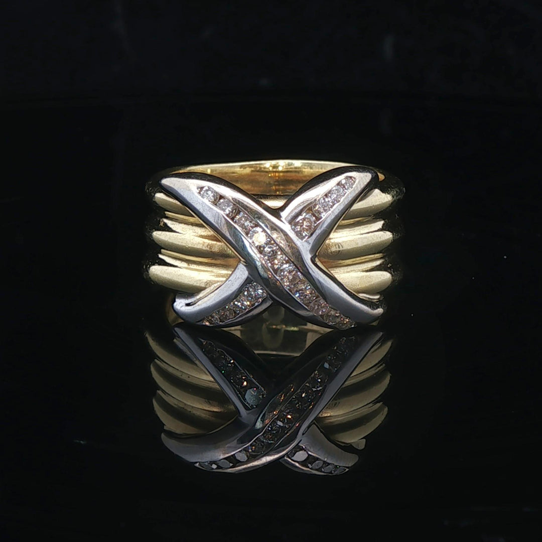 LeVian 18k Yellow and White Gold 14.3g Diamond Three Row X Ring Size 6.5