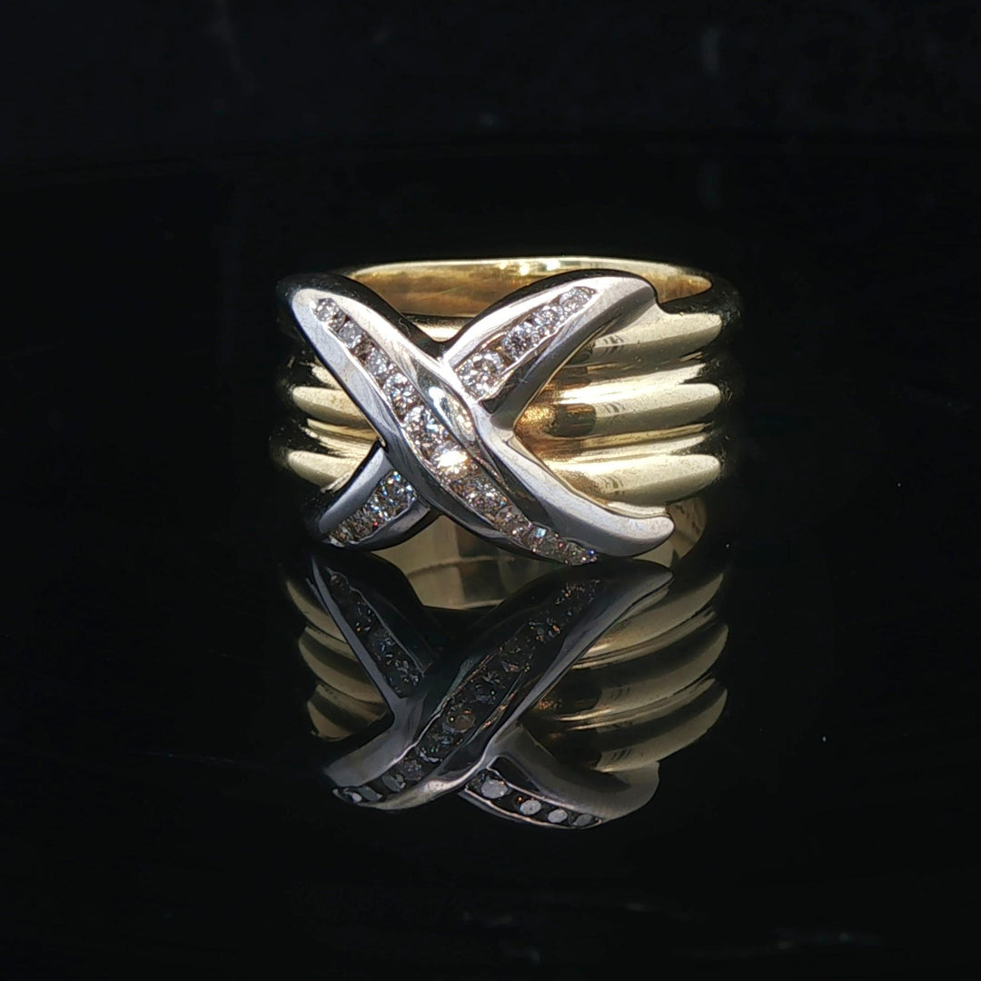 LeVian 18k Yellow and White Gold 14.3g Diamond Three Row X Ring Size 6.5