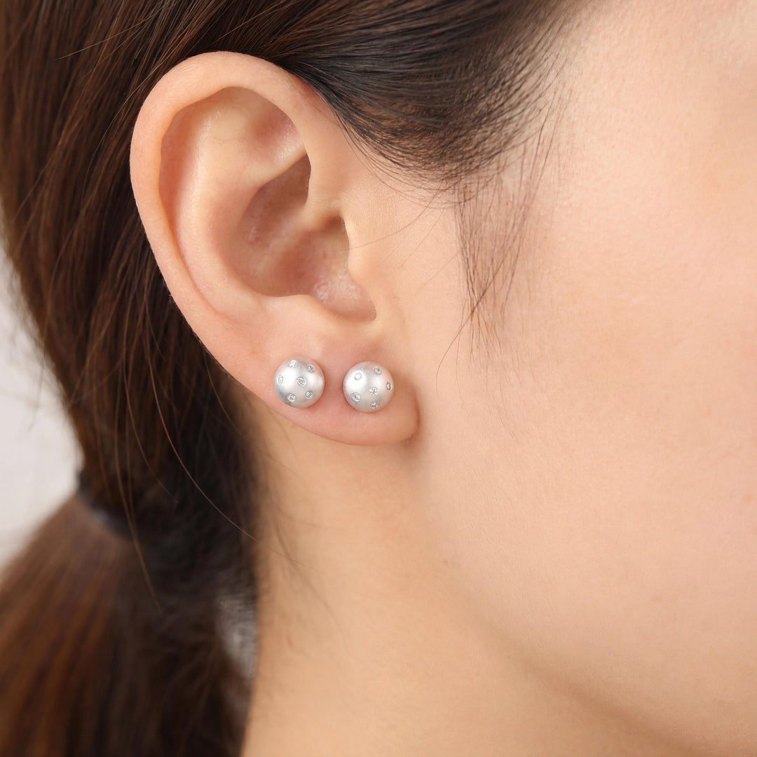 14k White Gold and Diamond Satin Finish Button Stud Earrings