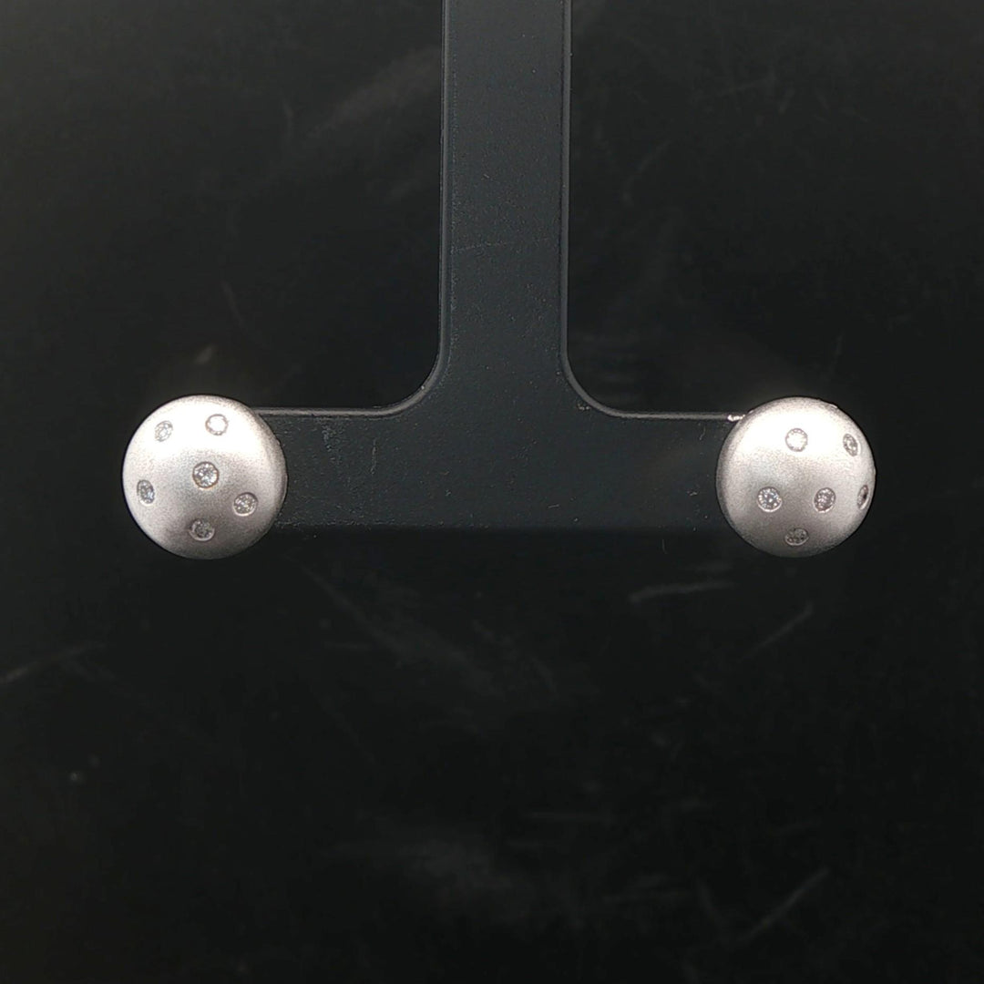 14k White Gold and Diamond Satin Finish Button Stud Earrings