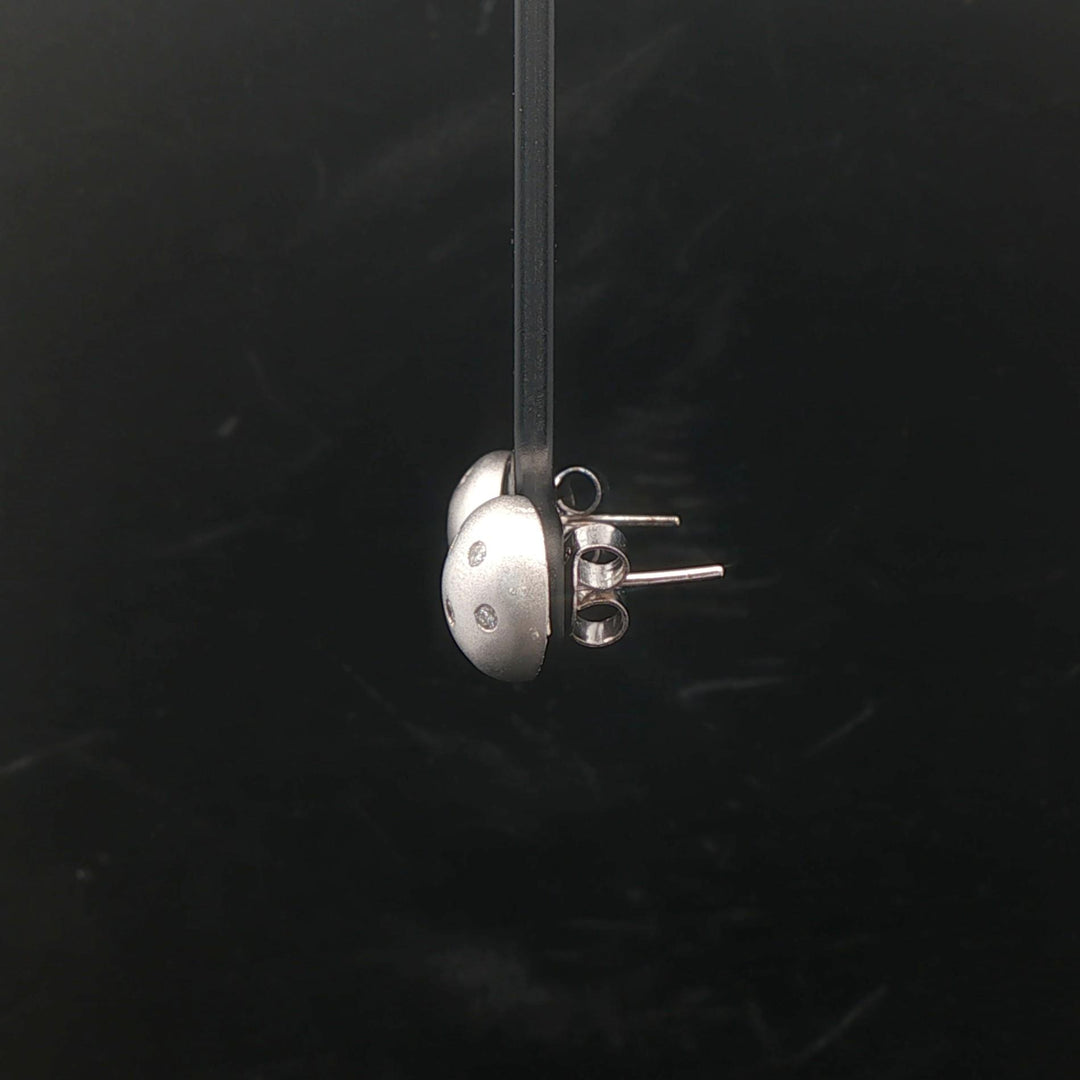 14k White Gold and Diamond Satin Finish Button Stud Earrings