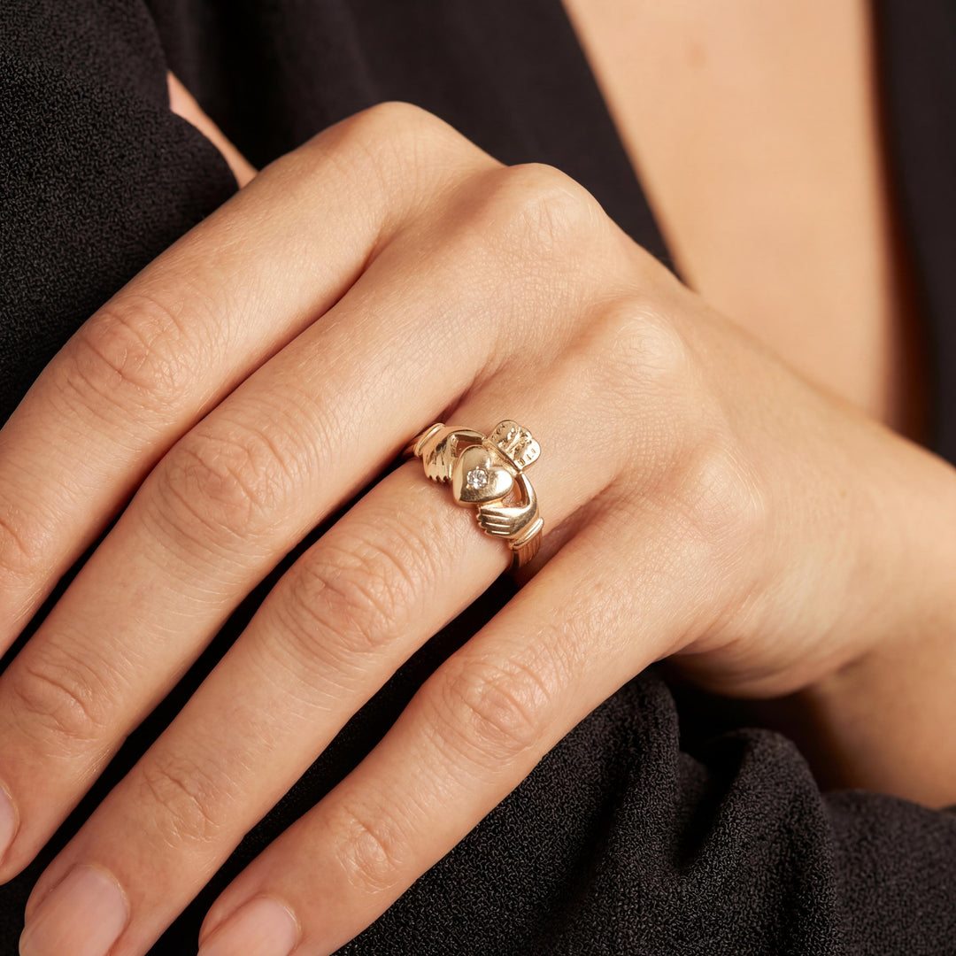 14k Yellow Gold and 0.05ct Diamond Solid Claddagh Ring Size 9