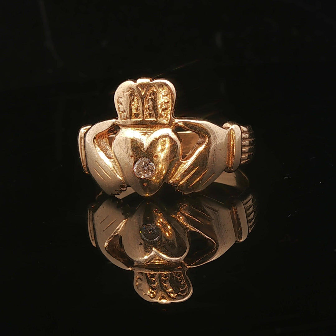 14k Yellow Gold and 0.05ct Diamond Solid Claddagh Ring Size 9