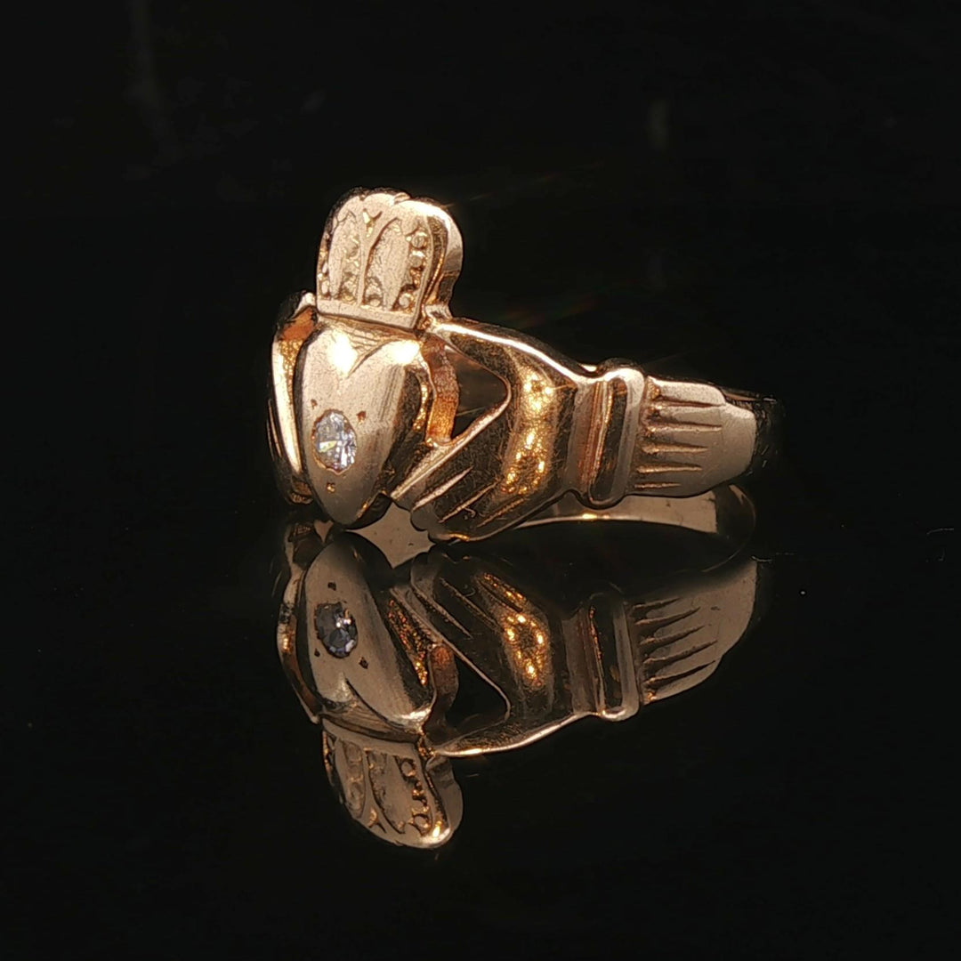 14k Yellow Gold and 0.05ct Diamond Solid Claddagh Ring Size 9