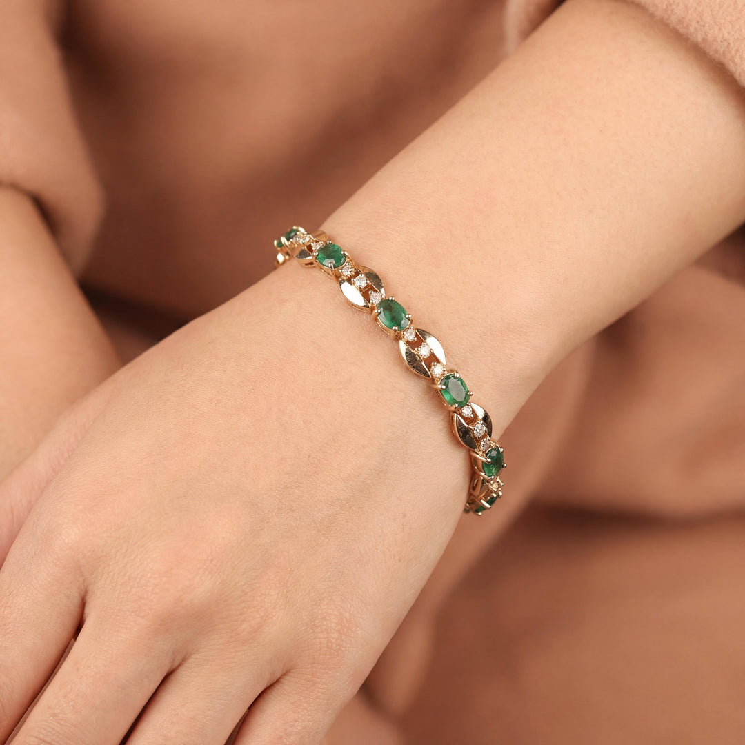 14k Yellow Gold Emerald and Diamond 20.7g Ladies Fancy Link Bracelet 7.25"